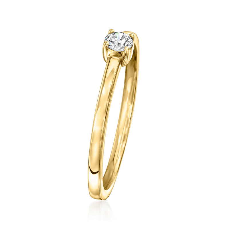 14kt yellow gold solitaire diamond ring, side view with prong-set round stone