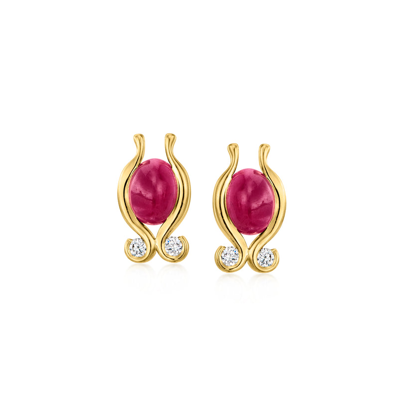 18kt yellow gold ruby and diamond post earrings, oval pink ruby with three round diamonds