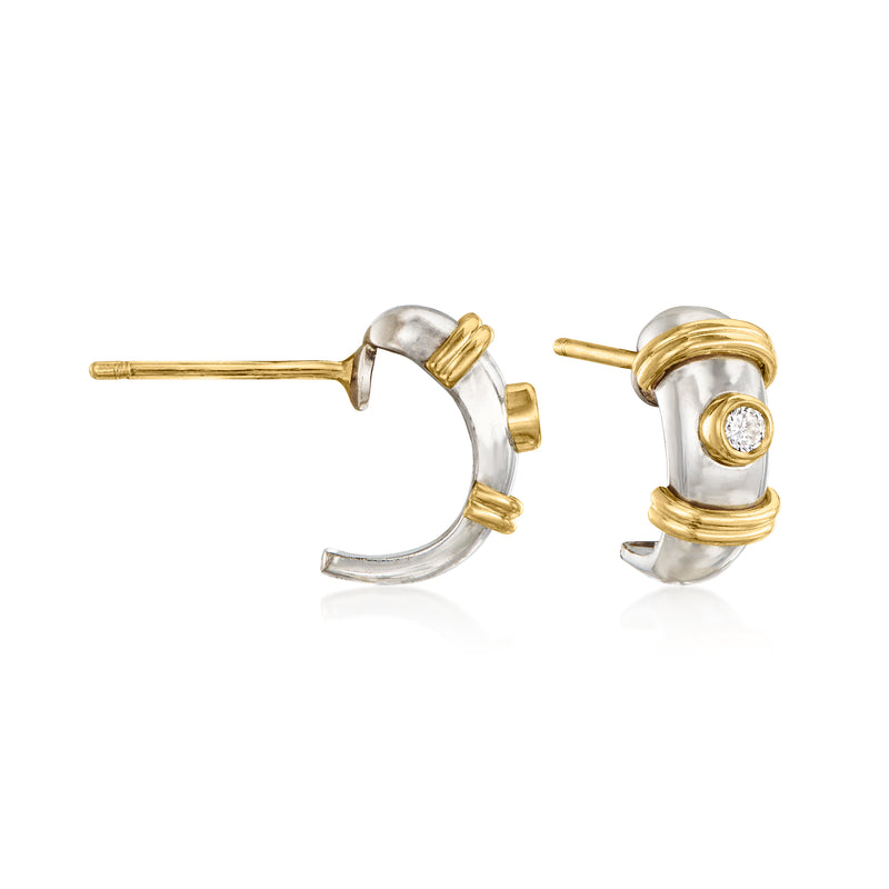 Two-tone gold curved post earrings with small round diamond accents