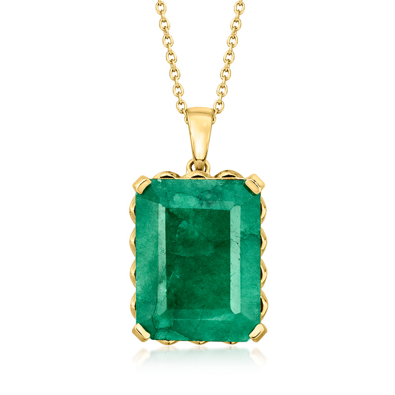 Gold pendant necklace with rectangular emerald-cut green gemstone in bezel setting