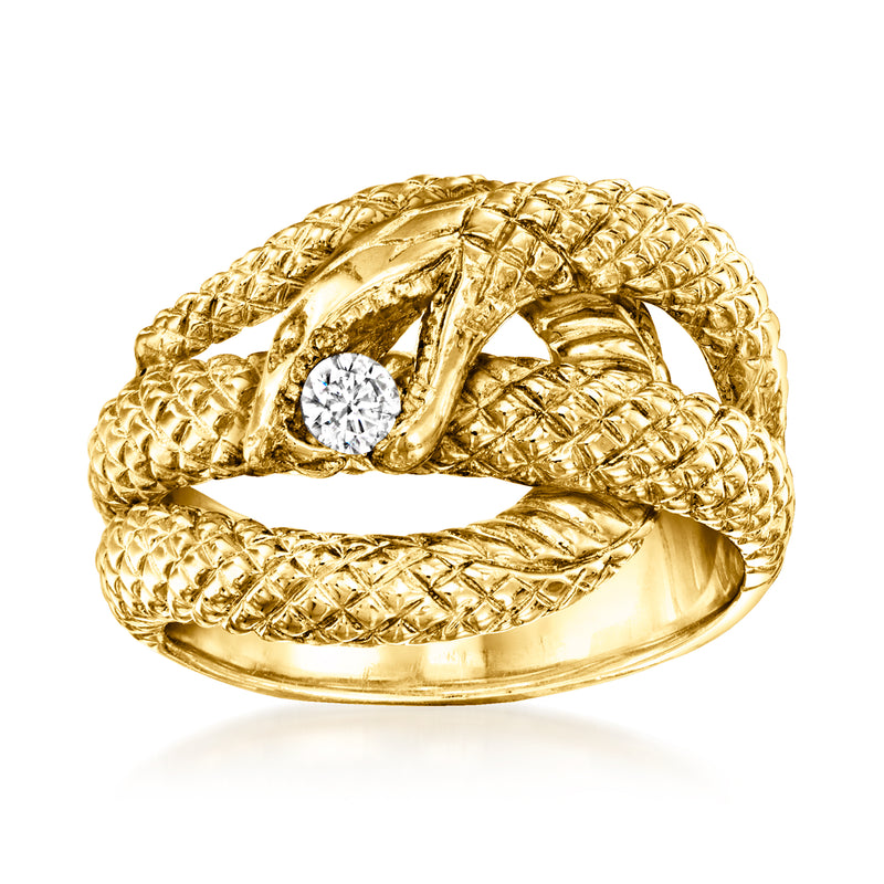 Vintage 18k yellow gold diamond snake ring with textured braided design