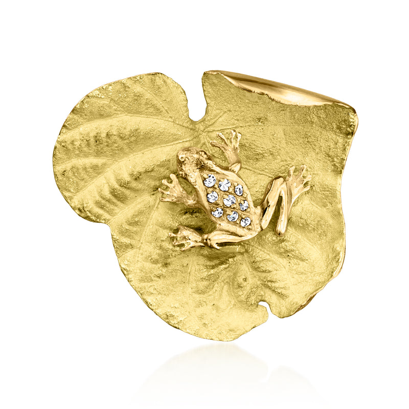 18kt yellow gold frog on lily pad pin with diamond accents