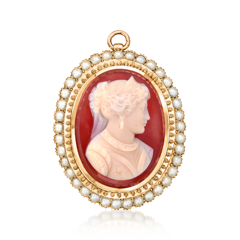 Oval red agate cameo pin with white profile in 14kt yellow gold, pearl border