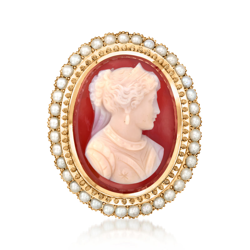 Oval red agate cameo pin pendant in 14kt yellow gold with pearl bezel and white profile