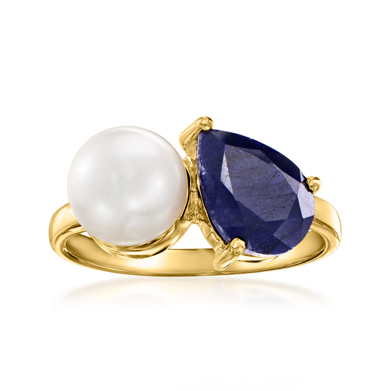 18kt gold Toi et Moi ring with white pearl and dark blue sapphire