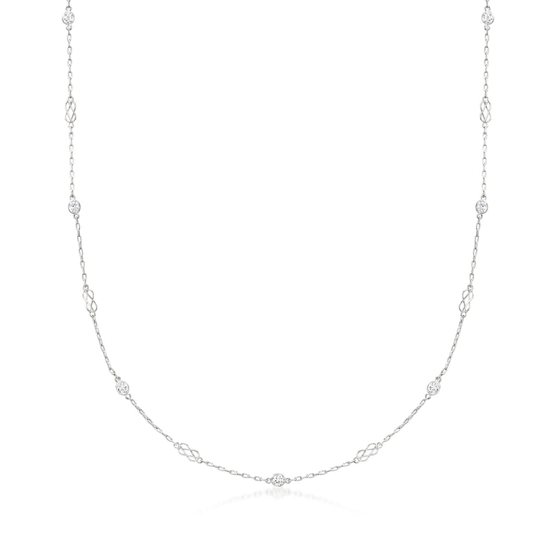 Platinum diamond station necklace, fine chain with small round diamond links