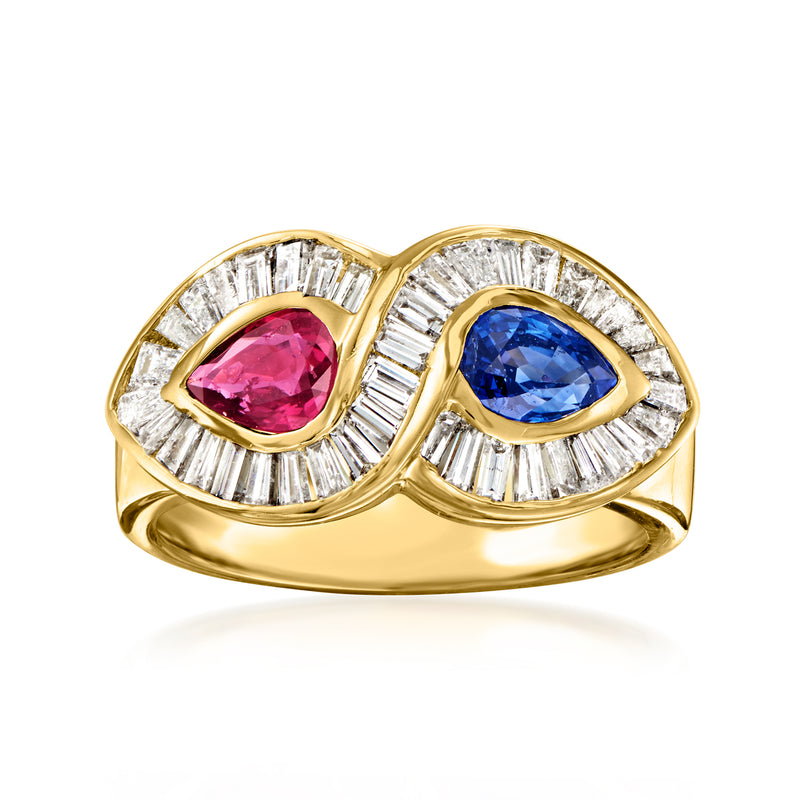 18kt yellow gold ring with oval pink ruby, blue sapphire, and diamond accents