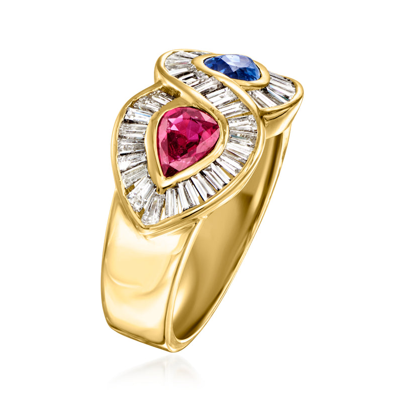 18kt yellow gold ring angled view with oval ruby and sapphire and diamond halo