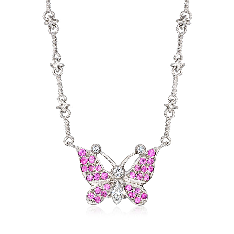14kt white gold butterfly necklace with pink sapphire wings and diamond accents, chain links