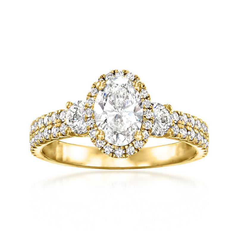 14kt yellow gold lab-grown diamond ring with oval center stone and pavé band