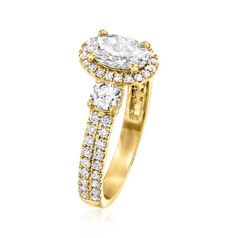Lab-grown diamond ring in yellow gold with oval center and pavé band