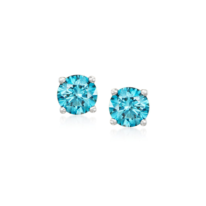 Blue lab-grown diamond stud earrings, oval stones in 14kt white gold prong settings