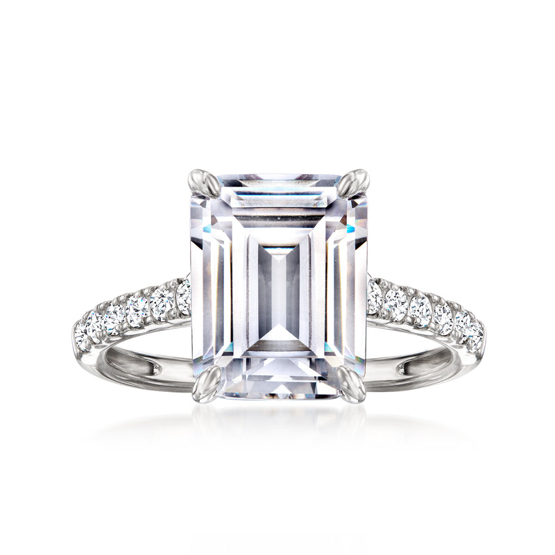 Sterling silver CZ ring with large emerald-cut center stone and pave band