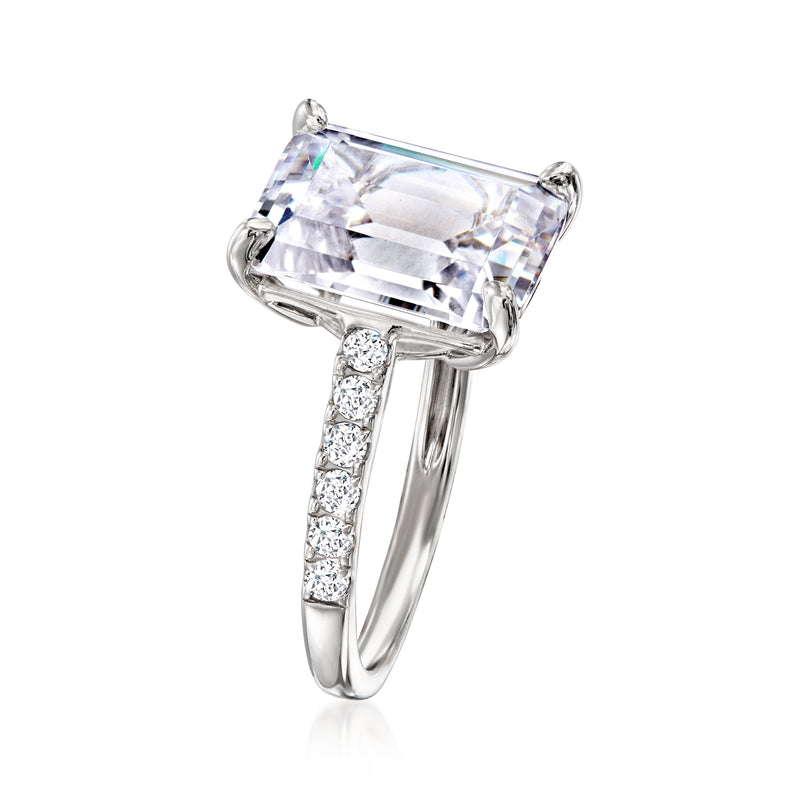 Sterling silver CZ ring, emerald-cut clear center stone with prongs and side pave