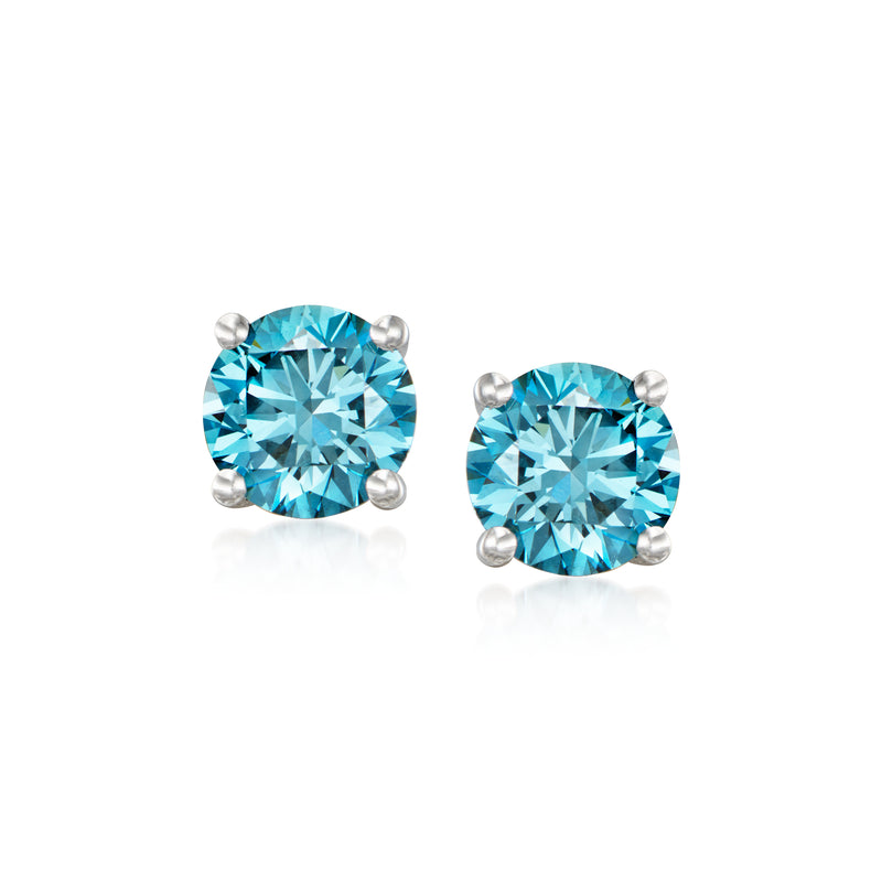 Oval blue lab-grown diamond stud earrings in 14kt white gold