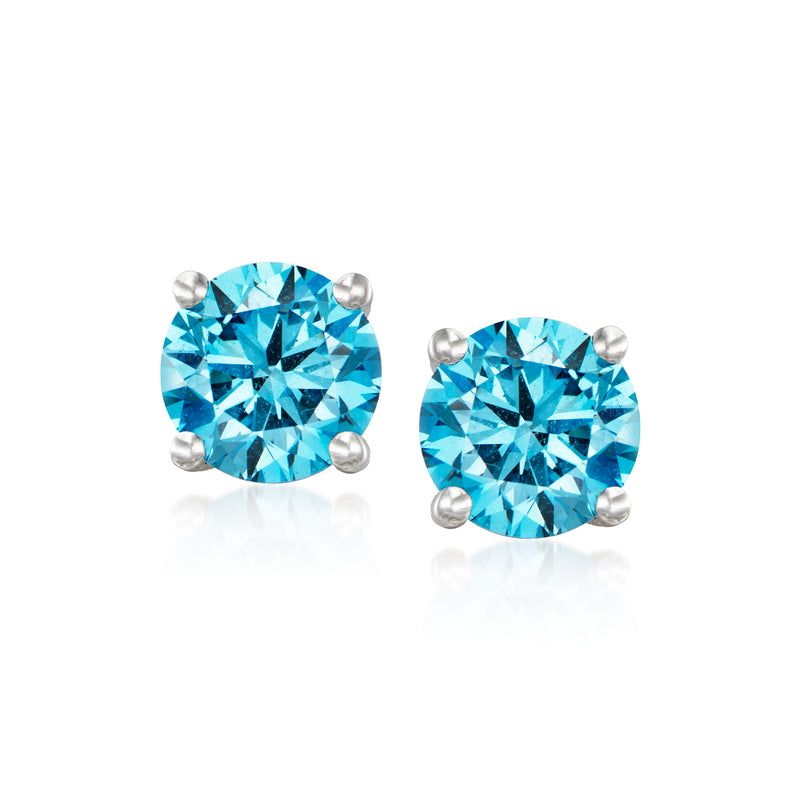 Blue lab-grown diamond stud earrings, oval stones in 14kt white gold four-prong