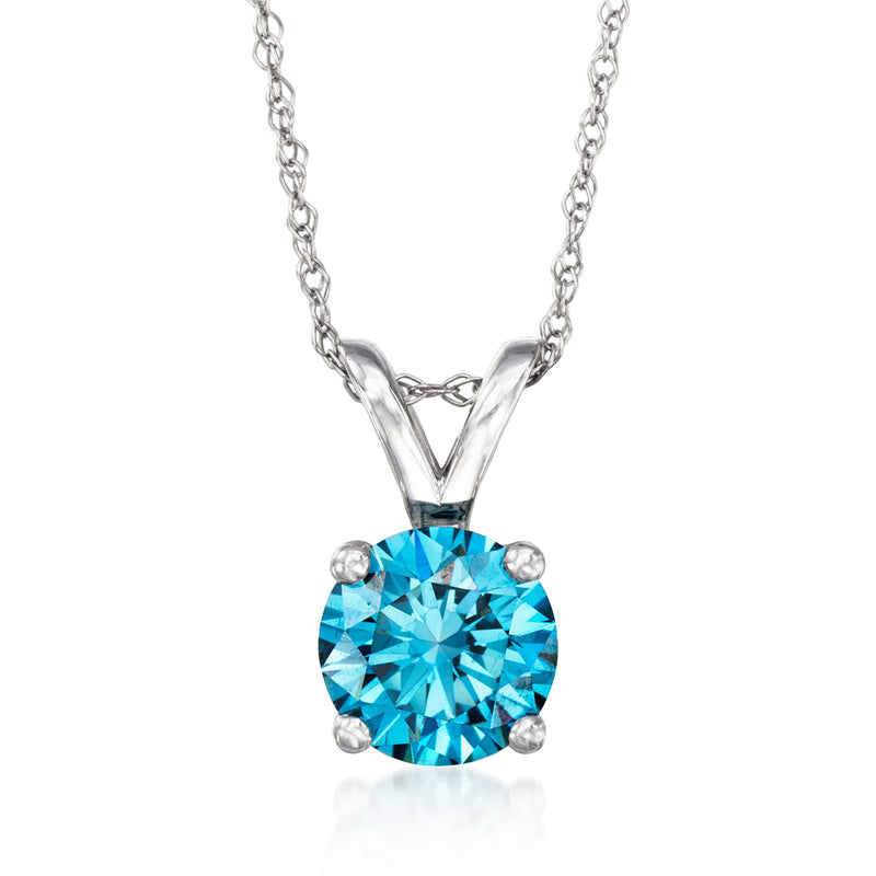 14kt white gold solitaire necklace with round blue lab-grown diamond, 4-prong setting