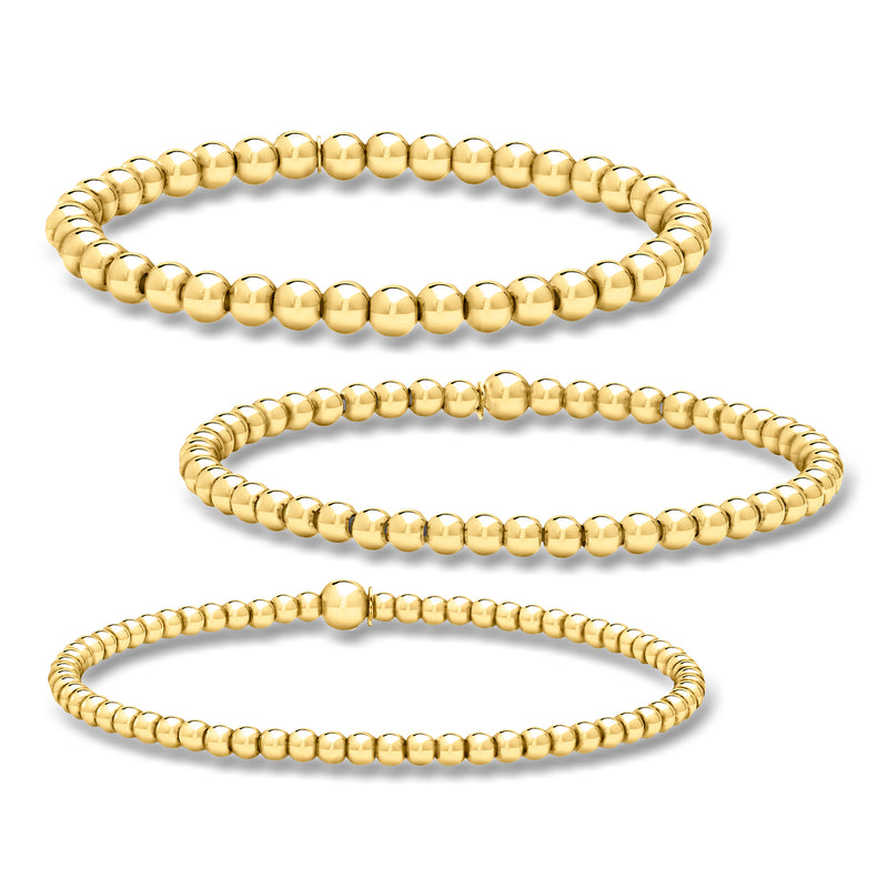 Three gold-tone bead stretch bracelets set, 3mm to 5mm round beads