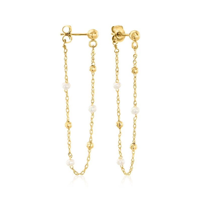 14kt yellow gold cultured pearl chain drop earrings with dangling round pearls