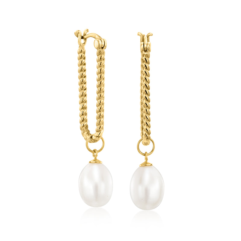 Gold link hoop earrings with removable cultured pearl drop dangles