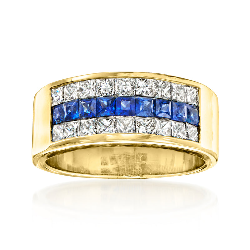 18kt yellow gold band ring with clear diamond stones and blue sapphire rows