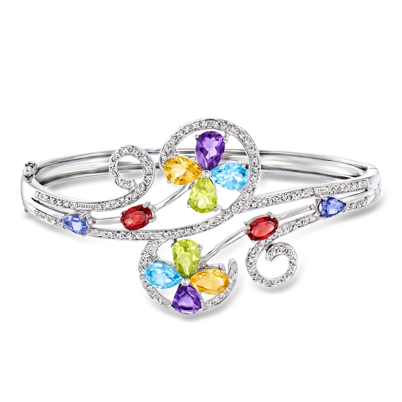 14kt white gold swirl bangle bracelet with multicolor gemstones and diamond accents
