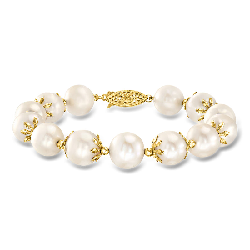 Cultured pearl bracelet with round white pearls and 14kt yellow gold textured clasp