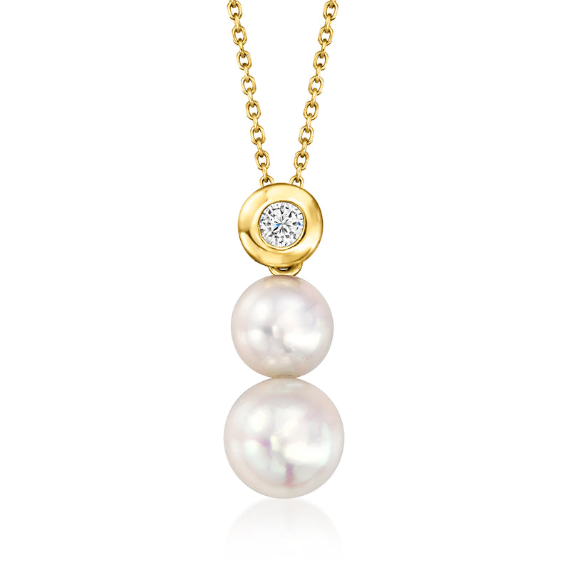 14kt yellow gold necklace with bezel-set diamond and two cultured Akoya pearls