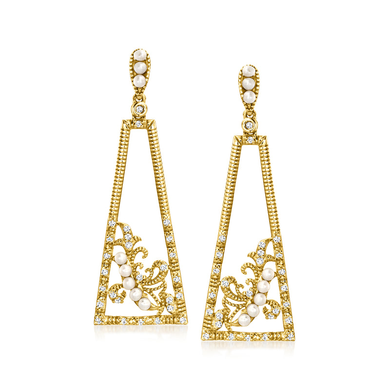14kt yellow gold geometric drop earrings with cultured pearls and diamond accents