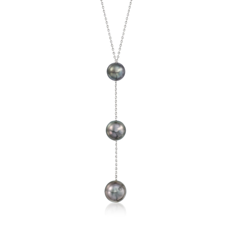 Y-necklace with three dark cultured pearls and thin white-gold chain