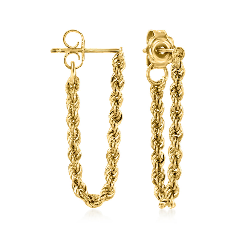14kt yellow gold rope-chain drop hoop earrings with hinged back
