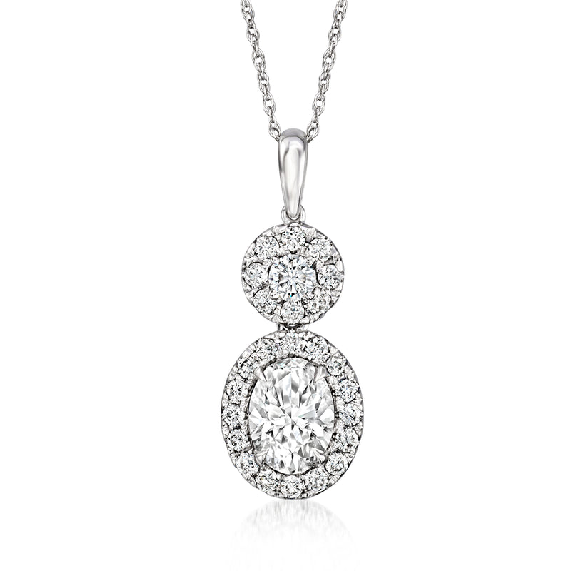 14kt white gold double-drop pendant necklace with oval lab-grown diamond cluster drops