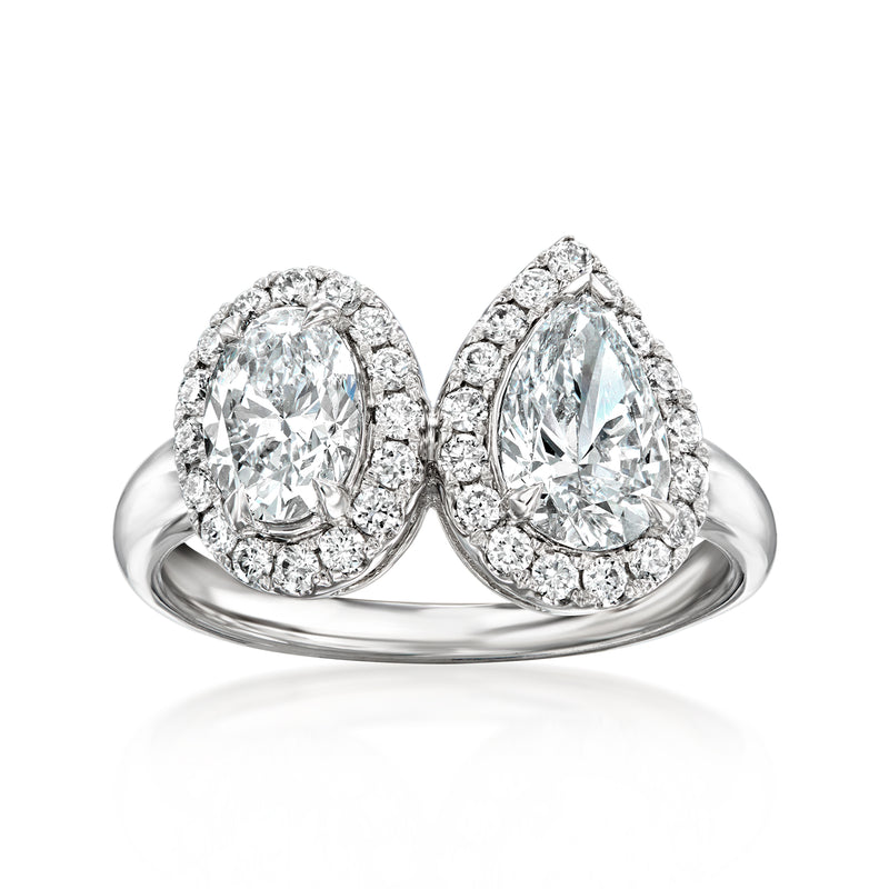 Toi et moi diamond ring with oval and pear stones in white gold