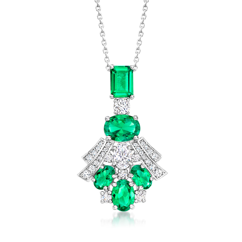 Sterling silver pendant necklace with emerald-cut green center, CZ halo, and emerald-cut green stones