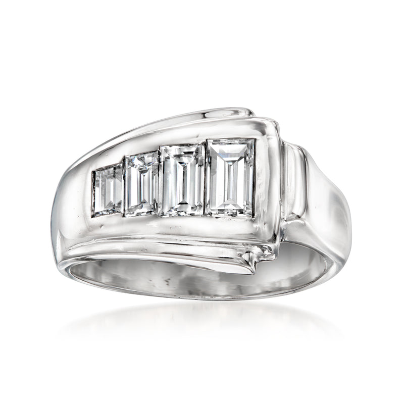 Vintage white gold ring with three baguette-cut diamonds in a rectangular setting