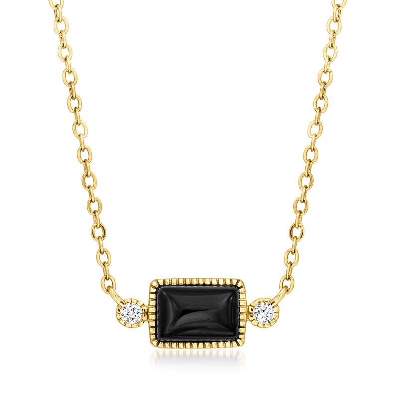 14kt yellow gold onyx necklace with rectangular black stone and two diamond accents