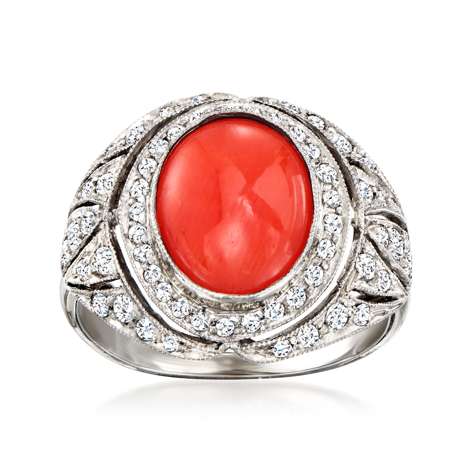 C. 1960 Vintage Coral and .65 ct. t.w. Diamond Ring in Platinum