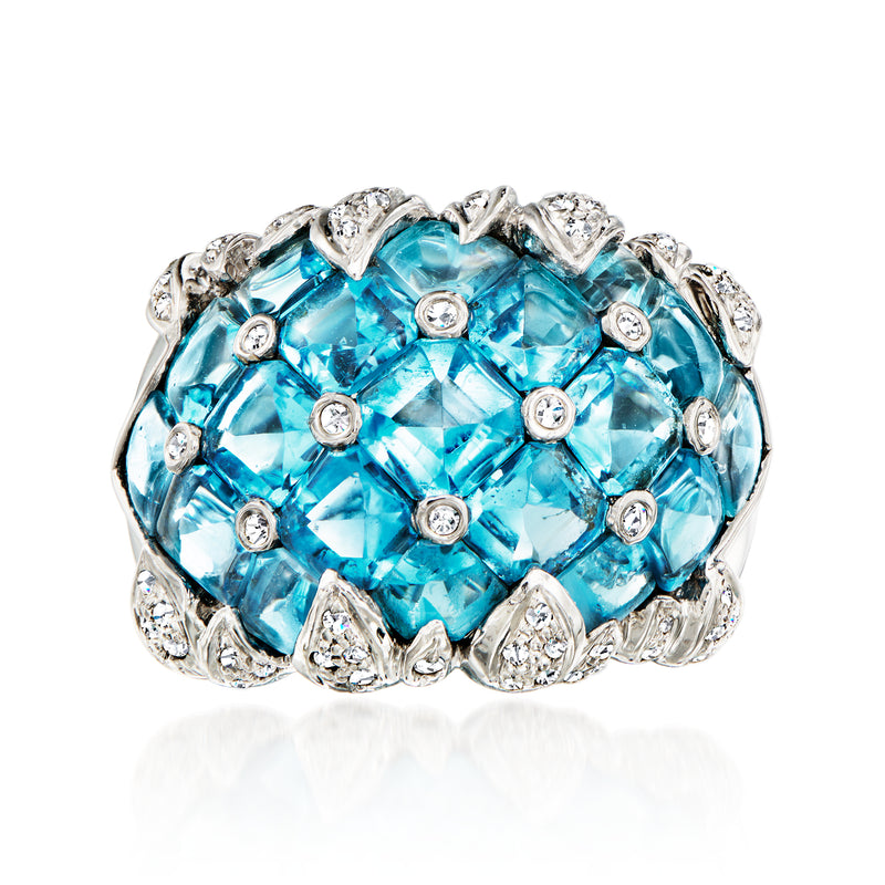 Vintage blue topaz and diamond ring, oval center stone with ornate halo in white gold
