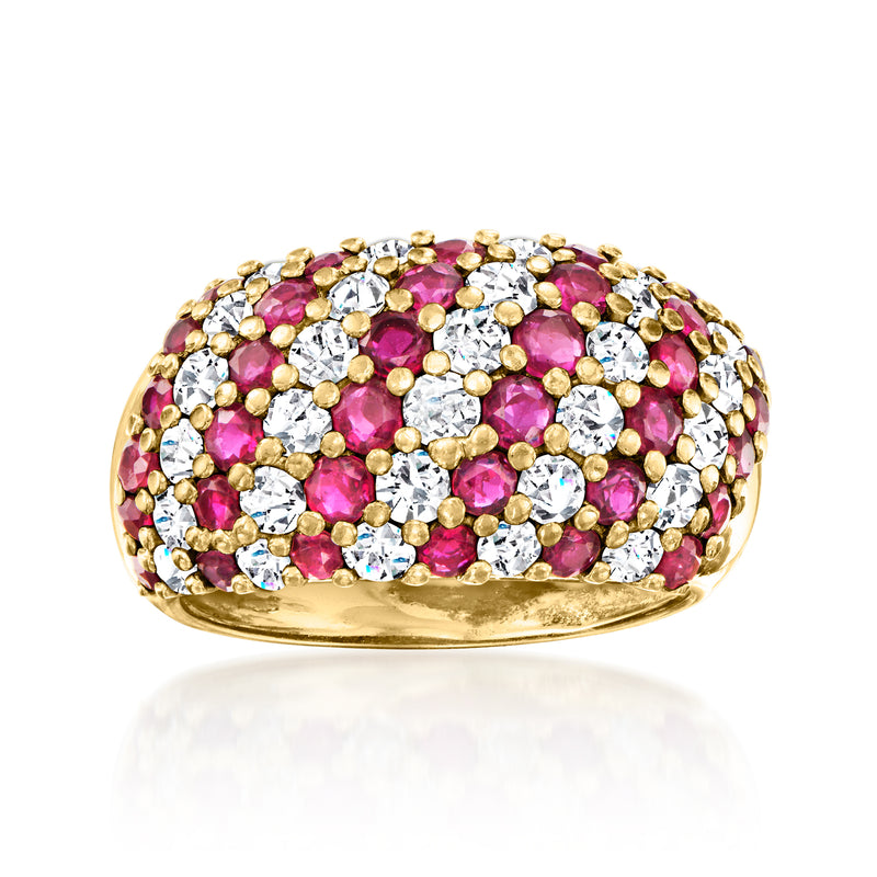 Vintage striped dome ring in 18kt yellow gold with pink ruby and white diamond stones