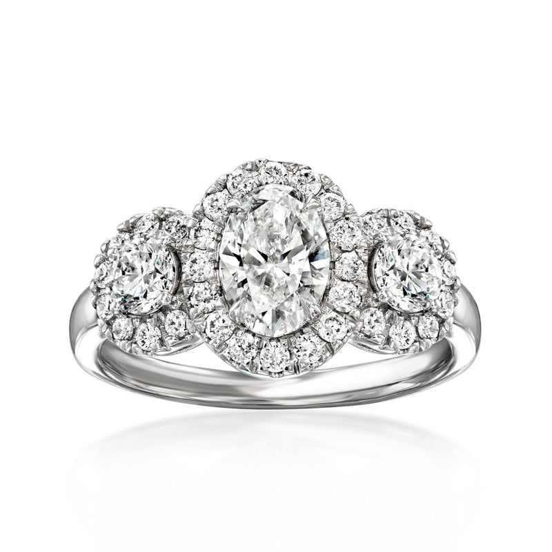 14kt white gold lab-grown diamond ring, round center with halo and side diamonds