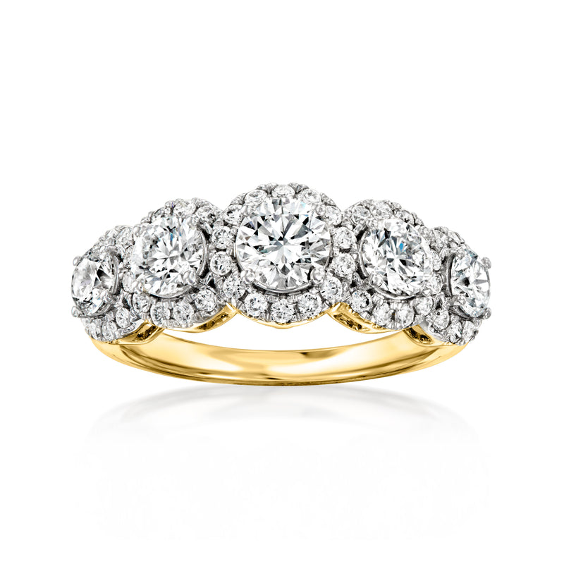 Five-stone diamond ring in 14kt yellow gold, round center stone with prong-set diamonds