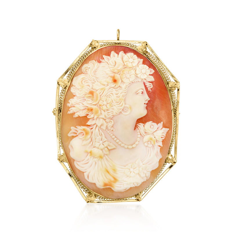 Vintage brown shell cameo pin/pendant in 10kt yellow gold, oval portrait with floral hair