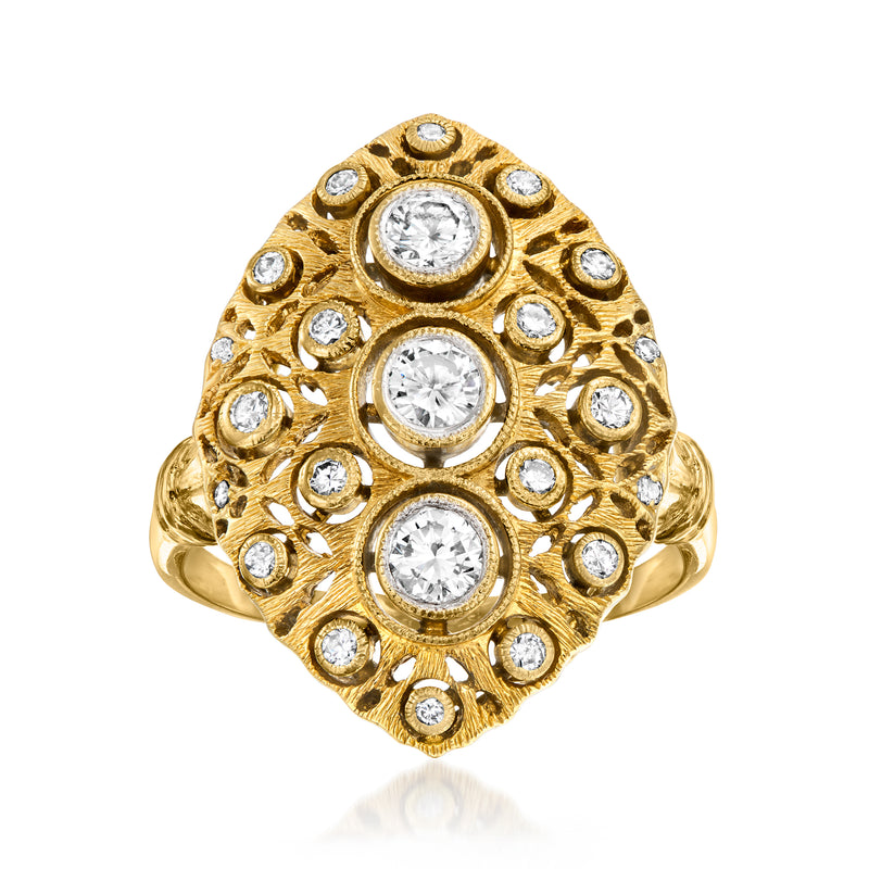 Vintage yellow gold diamond cluster ring with round stones in ornate filigree setting