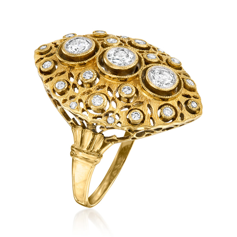 Vintage yellow gold diamond cluster ring side view with round stones in openwork setting
