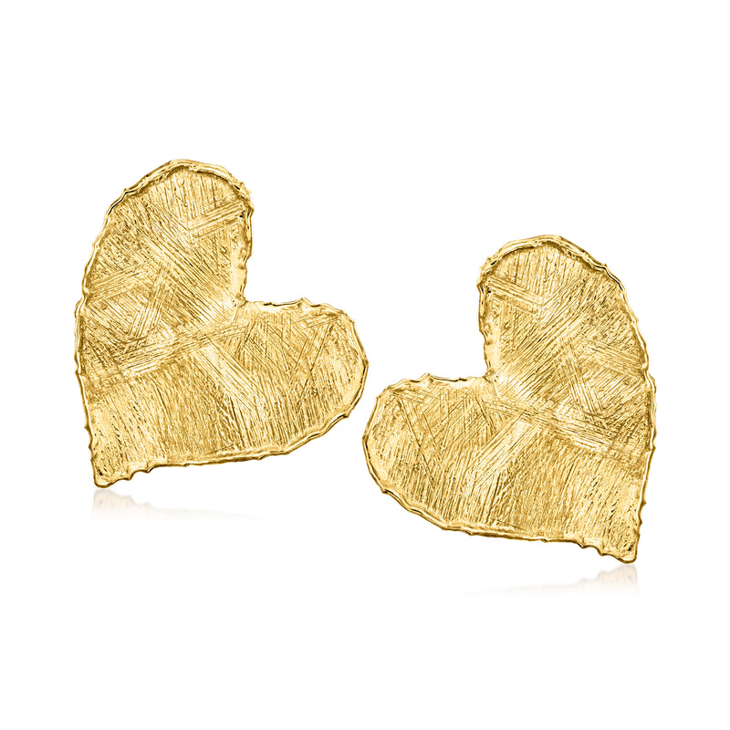 Gold-tone heart stud earrings with brushed texture and polished edges