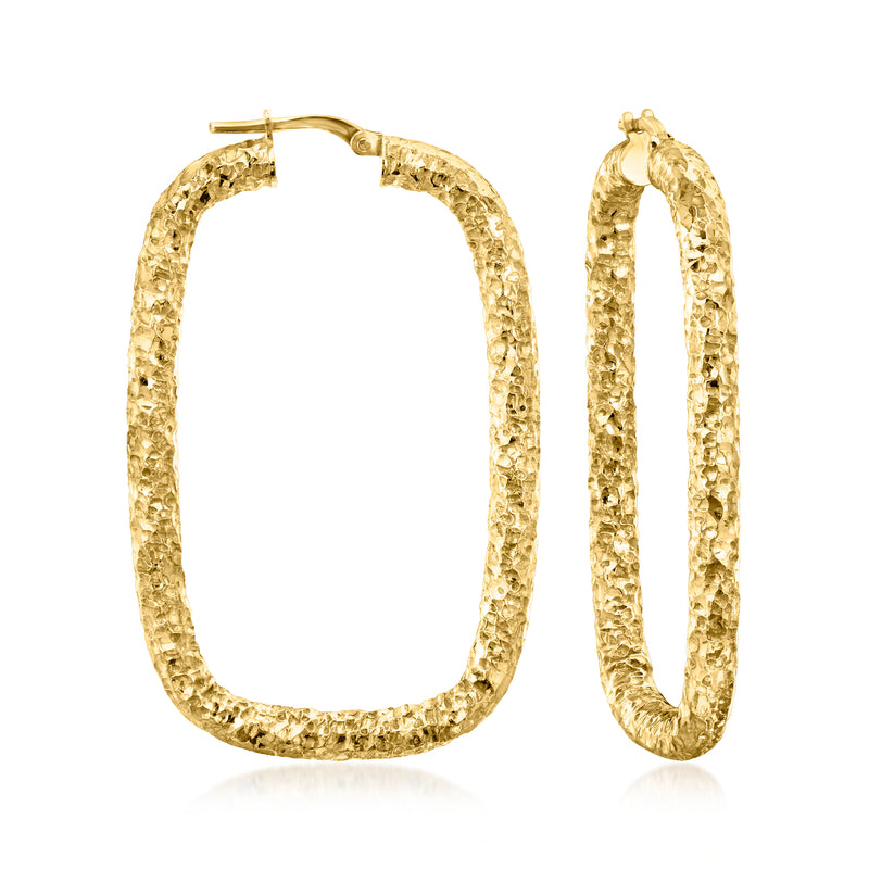 Gold over sterling hammered rectangular hoop earrings, open oval shape