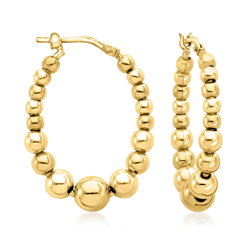 Gold over sterling beaded oval hoop earrings with spherical bead hoops