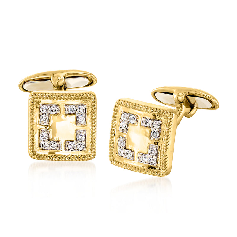 Square 18kt yellow gold cuff links with central stone and diamond halo