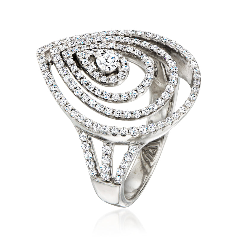 Open-space teardrop diamond ring, concentric halo detail in white gold