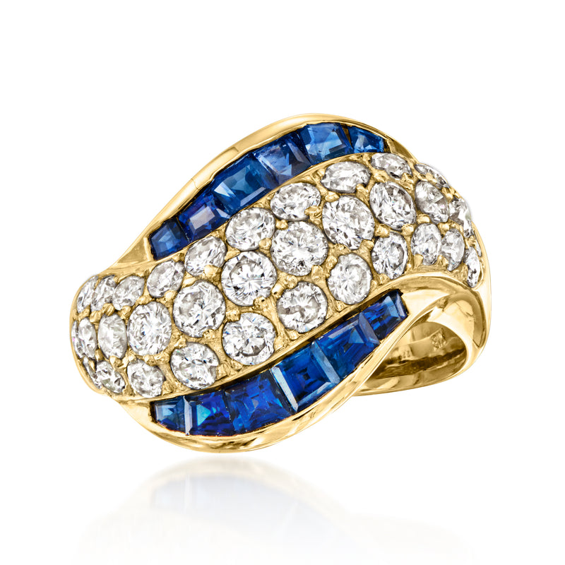 Vintage sapphire and diamond wave ring in 18kt yellow gold